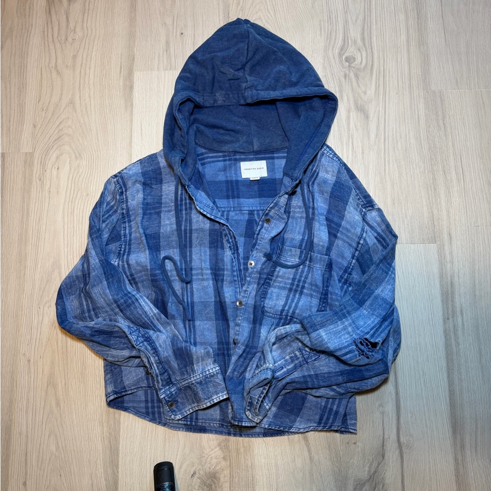 American Eagle Outfitters Blue Plaid Jean Jacket